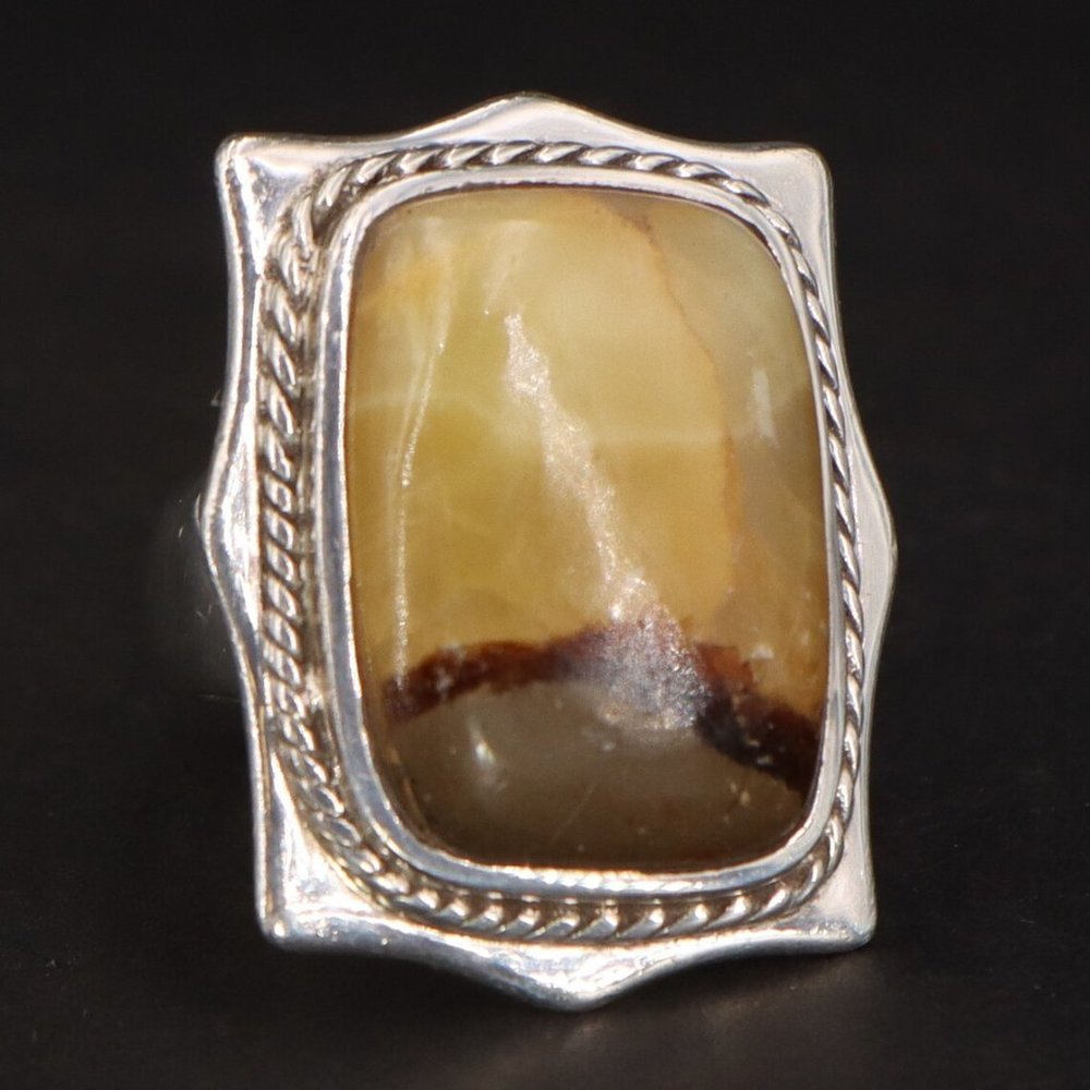 VTG Sterling Silver Signed TS Braided Picture Agate Stone Statement Ring Size 8